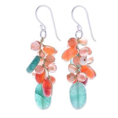 Bright Garden,'Carnelian and Quartz Beaded Dangle Earrings'