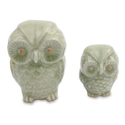Celadon ceramic figurines, 'Little Light Green Owls' (pair)