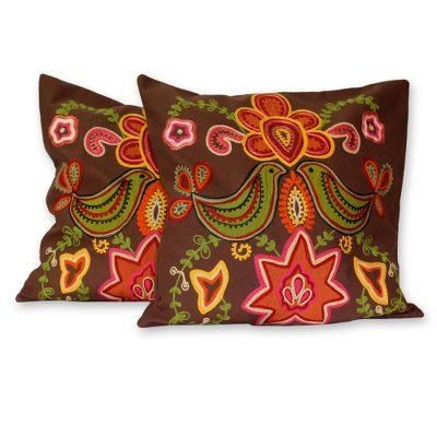 'Choral' (pair) - Handmade Indian Floral Cotton Cushion Covers