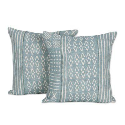 Jade Sea,'Cotton Cushion Covers with Geometric Patterns (Pair)'
