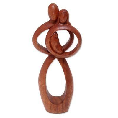 'Hand-Carved Suar Wood Parents and Newborn Family Sculpture'