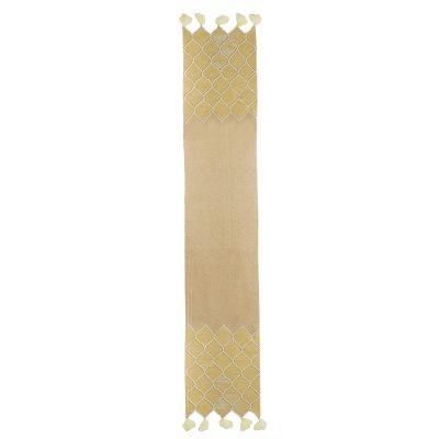 Classic Honeycomb,'Cotton Jute Beige Beaded Embroidered Table Runner'