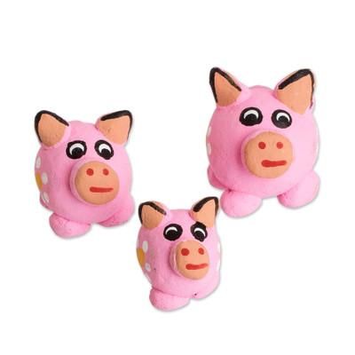 Pink Pig Family,'Set of 3 Pink Pig Ceramic Figurines Handcrafted in Guatemala'