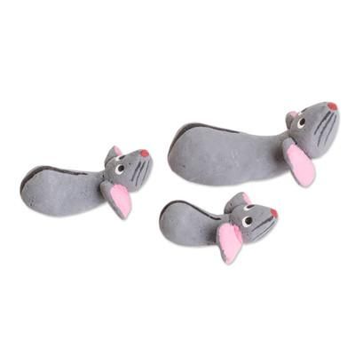Mouse Family,'Set of 3 Handcrafted Mouse Ceramic Figurines from Guatemala'