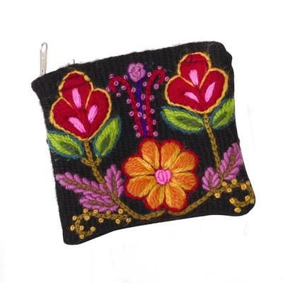 Exceptional Garden,'Floral Embroidered Wool Coin Purse in Black from Peru'