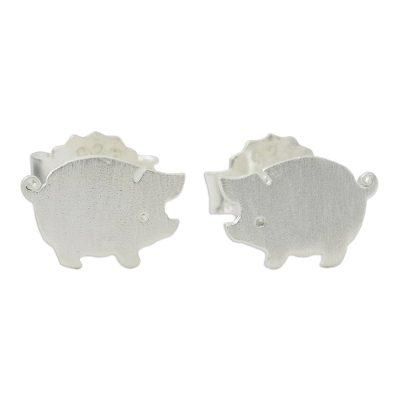 Whimsical,'Sterling Silver Hand Crafted Pig Shaped Stud Earrings'