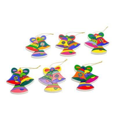 Pinewood ornaments, 'Christmas Bells' (set of 6)