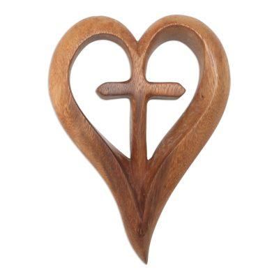 Cross My Heart,'Hand Carved Suar Wood Relief Panel Heart Cross'