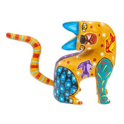 'Hand-Painted Copal Wood Alebrije Cat Figurine in Amber'