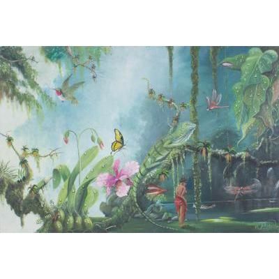 Iguana,'Realistic Signed Guatemalan Tropical Landscape Oil Painting'