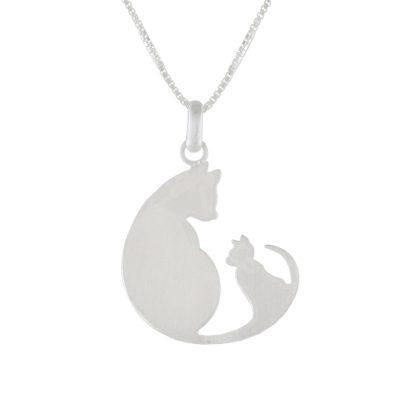 Feline Love,'Sterling Silver Pendant Necklace of Two Cats from Thailand'