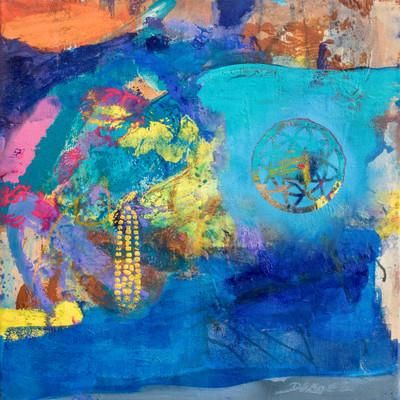 Sowing Moon II,'Signed Abstract Acrylic and Oil Painting in Blue'