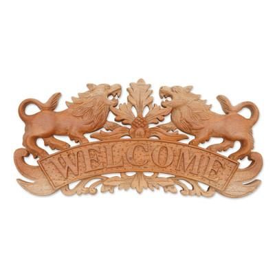 Welcoming Lions,'Handcrafted Suar Wood Lion Welcome Relief Panel from Bali'