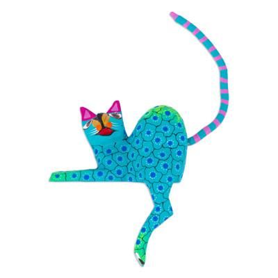 'Aqua Cat Hand-Painted Wood Alebrije Shelf Sitter Figurine'