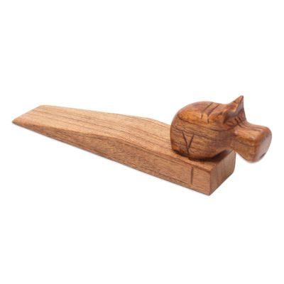 Protective Hippo,'Hand-Carved Hippo Wood Door Stop in Natural Brown'