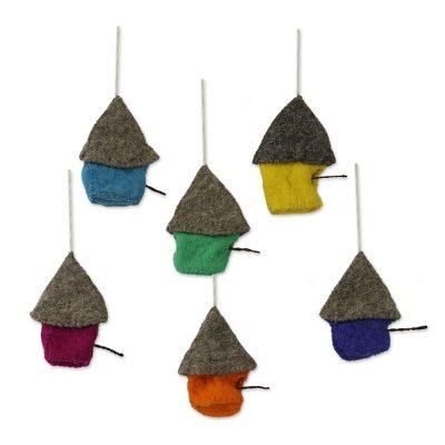 Snow Abodes,'Set of Six Assorted Wool House Ornaments from India'