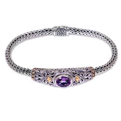 Handcrafted Balinese Gold Accent Silver Amethyst Bracelet 'Bedugul Garden'