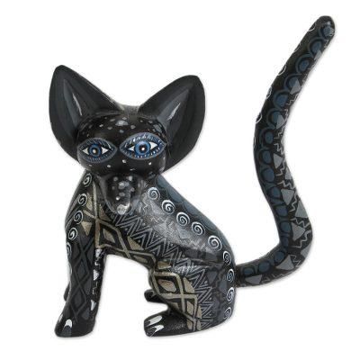 Black Fox,'Wood Alebrije Fox Figurine in Black from Mexico'