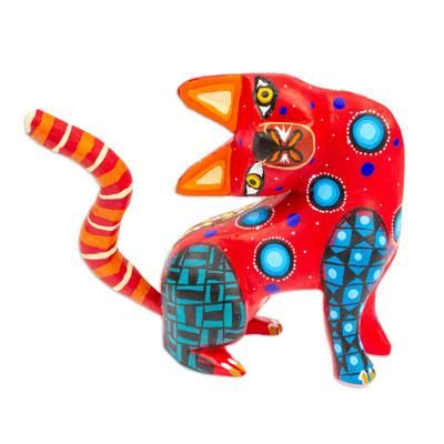 'Hand-Painted Copal Wood Alebrije Cat Figurine in Crimson'