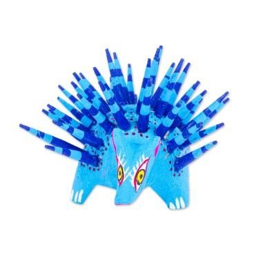 'Hand-Painted Wood Alebrije Porcupine Figurine in Blue'