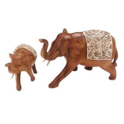 Royal Mother and Child,'Artisan Crafted Elephant Sculptures (Pair)'
