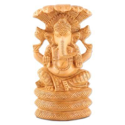 Seshnag,'Ganesha and Serpent-Themed Kadam Wood Sculpture from India'