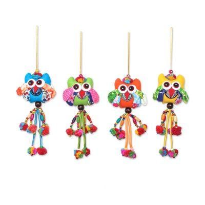Owl Color,'Colorful Cotton Owl Ornaments from Thailand (Set of 4)'