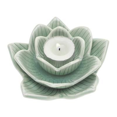 'Lotus-Shaped Celadon Ceramic Tealight Candleholder in Green'