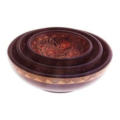 Wood batik centerpieces, 'Javanese Vines' (set of 3)