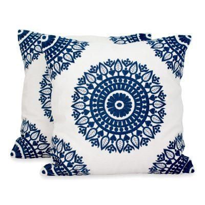Sapphire Blue Mandalas,'Indian Embroidered Dark Blue on White Cushion Covers (Pair)'