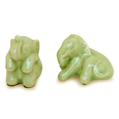 Celadon ceramic figurines, 'Elephant Play Time' (pair)
