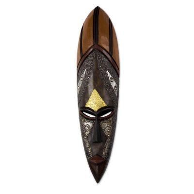 African Empress,'Tall African Wood Mask with Brass and Aluminum Accents'
