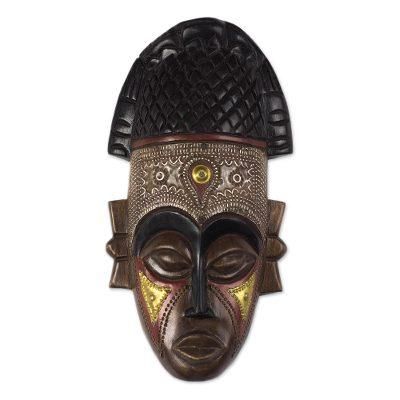 Lovely Crown,'Handcrafted African Wood Mask with Brass and Aluminum'