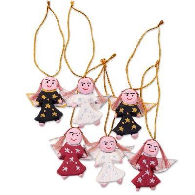 Wood ornaments, 'Angel Troupe' (set of 6)