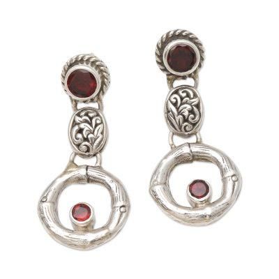Red Bamboo,'Sterling Silver and Garnet Javanese Dangle Earrings'