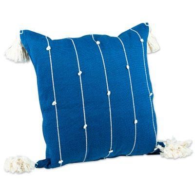 Cyan Spirit,'Handloomed Vertical Striped Cyan Cotton Cushion Cover'