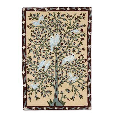 Abode of Birds I,'Hand Crafted Indian Chain Stitch Tapestry'