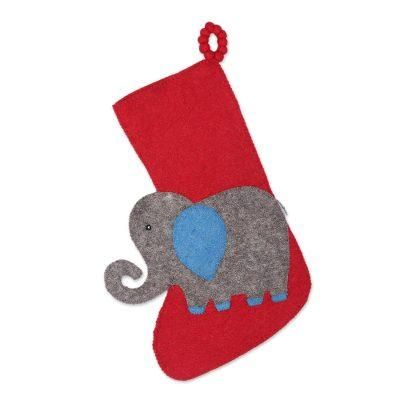 Holiday Elephant in Grey,'Red Elephant Motif Christmas Stocking from India'