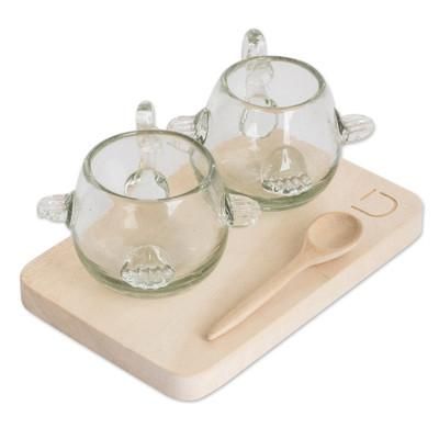 Love and Unity,'Blown Recycled Glass & Wood Coffee Set of Cups Spoon & Board'