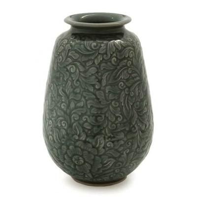 Celadon ceramic vase, 'Botanical Blue'