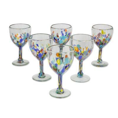 Blown glass wine glasses, 'Confetti Festival' (set of 6)