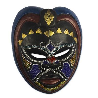 Kande,'African Wood Wall Mask with Brass and Beading'