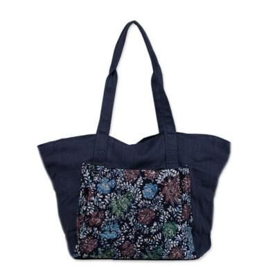 Gleeful Garden,'Handmade Navy Cotton Batik Tote Bag from Indonesia'
