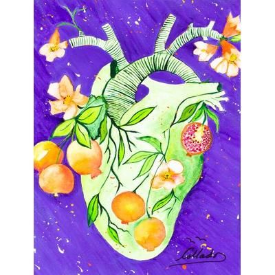 Heart with Pomegranates,'Heart with Pomegranates Watercolor and Acrylic on Paper'