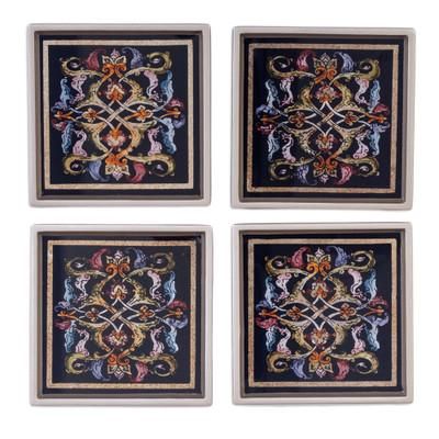 Silver Elegance,'Artisan Hand-Painted Glass Coasters (Set of 4)'