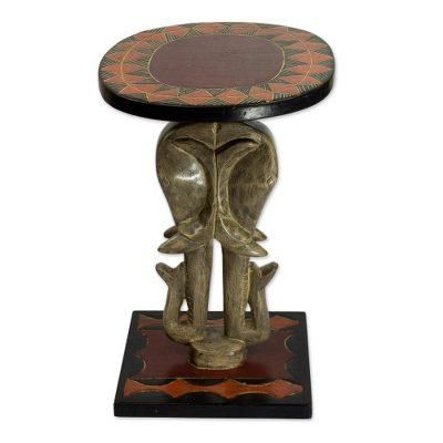 Savannah Elephants,'Cedar Wood Accent Table with Sculpted Elephants from Ghana'