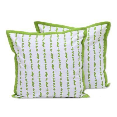 Green Grass,'Green and White Cotton Printed Grass Pair of Cushion Covers'
