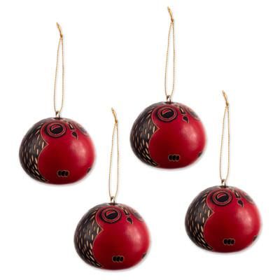 Owl Sentries,'Red Dried Mate Gourd Owl Ornaments from Peru (set of 4)'