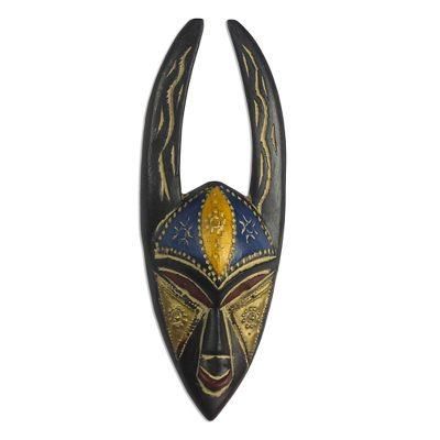 Sanufu Horns,'Embossed Brass and Wood African Mask'