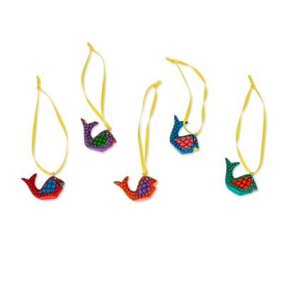Sweet Whales,'Painted Wood Alebrije Whale Ornaments (Set of 5) from Mexico'
